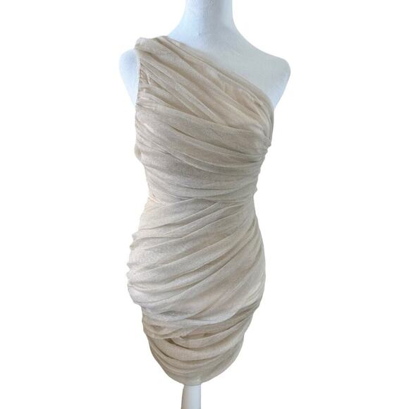 NWT Mestiza One Shoulder Mini Dress Metallic Iridescent Draped Ruched Champagne - Picture 6 of 12